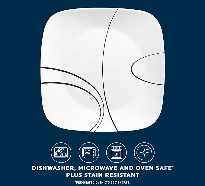 Corelle 18-Piece Service for 6 Dinnerware Set Triple Layer Glass and Chip Resistant, Lightweight Square Plates and Bowls Set, Simple Lines