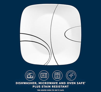 Corelle 18-Piece Service for 6 Dinnerware Set Triple Layer Glass and Chip Resistant, Lightweight Square Plates and Bowls Set, Simple Lines