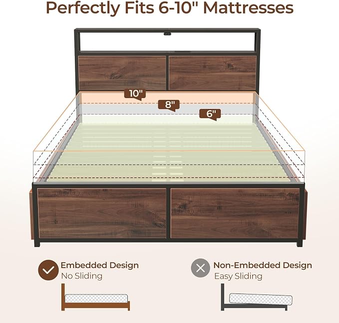 Rolanstar Queen Bed Frame with 4 Storage Drawers & 2-Tier Storage Headboard - Image 7