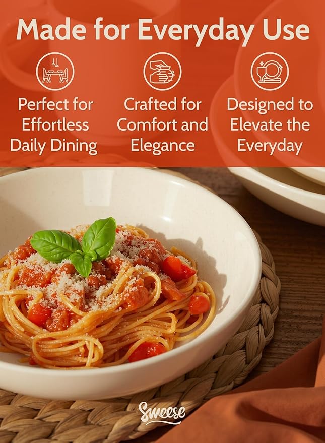 Sweese 22oz Porcelain Salad Serving Bowls Set, Microwave Dishwasher Safe, 7.6 Inch, Beige, 6-Pack