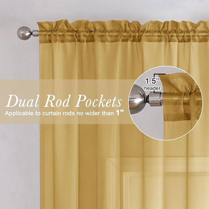 Gold Sheer Curtains 72 Inch Length 2 Panels, Light Filtering Voile Window Drapes - Image 2