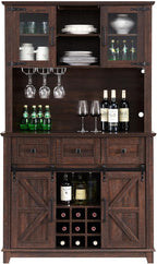 AMERLIFE 72'' Coffee Wine Bar Cabinet with Sliding Barn Door, Farmhouse Kitchen Sideboard, Buffet Storage Table, Wine Glass Racks, 3 Drawers, LED Lights, Tall Hutch Home Bar for Dining Room Brown