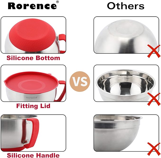 Rorence Stainless Steel Mixing Bowls: Metal Mixing Bowl Set with Lids and Handles Non-slip Silicone Bottom Nesting Bowls for Kitchen Set of 3 - Red
