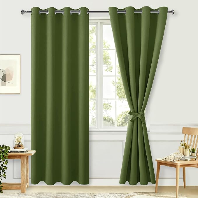 Blackout Curtains for Bedroom, Olive Green, 52 x 84 Inch 2 Panels | Thermal by Hiasan