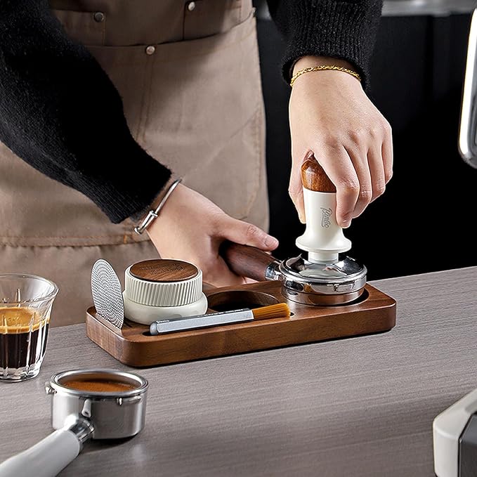 Bincoo 51/53mm Espresso Tamping Station - Sapele Coffee Bar Organizer with Non-Slip Mat, Multi-Slot Design for Counter, Holds Tamper,Distributor, Basket Holder