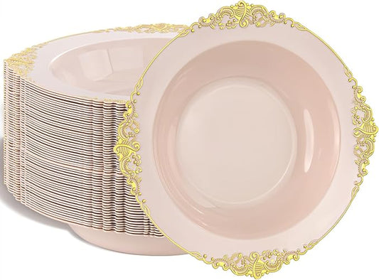 Nervure 50PCS Pink Plastic Bowls with Gold Rim - 12oz Disposable Soup Bowls, Heavy Duty Salad Ice Cream Bowl Perfect For Weddings, Parties and Everyday Use