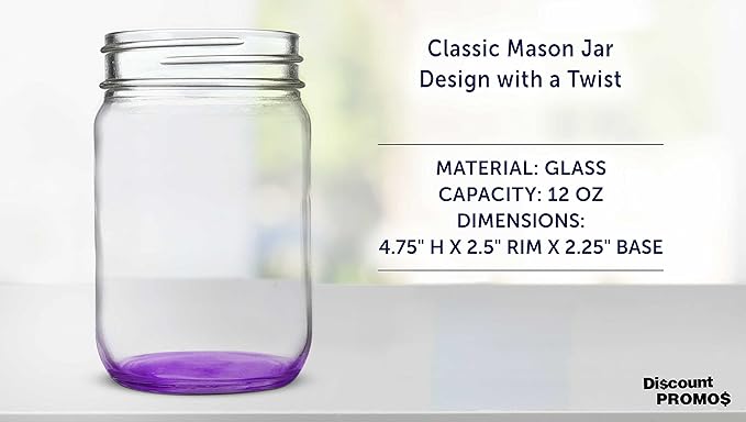 DISCOUNT PROMOS Decorating Mason Jars 12 oz. Set of 10, Bulk Pack - Glass Jars for Overnight Oats, Candies, Fruits, Pickles, Spices, Beverages - Purple