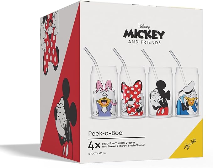 JoyJolt Disney Mickey Mouse & Friends Peek-a-Boo Collection Tumblers, 16oz Can Shape Tumbler Drinking Glass Cups Set, Glass Tumbler Set of 4 w/Glass Straws, Disney Gifts, Mickey Mouse Glasses