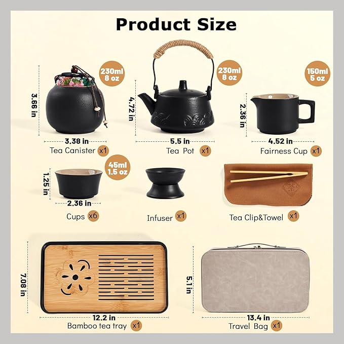 Japanese Tea Set, Portable Ceramic TeaSet, Asian Tea Sets for adult, Tea Gift sets, Travel Tea Set with Teapot,Teacups,Tea Canister,Tea Tray and Travel Bag, Home,Outdoor and Office
