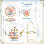 Zhehao 20 Pcs Porcelain Tea Set with Metal Holder and Spoon Adult Ceramic Tea Party Set European Flower Painting Teapot Cup Saucer Spoon Set for Women, Large Version(Romantic Style)