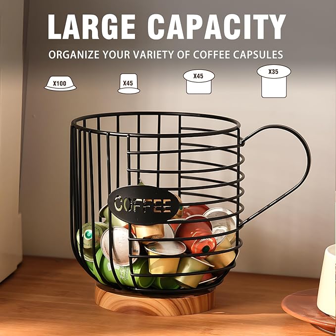 Coffee Pod Holder,Bar Accessories - Espresso Pod Holder - Large Capacity Black Wire Coffee Basket With Wooden Base