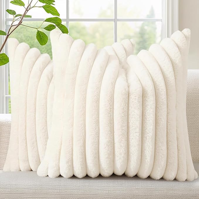 decorUhome Fall Faux Fur Throw Pillow Covers 12x12 Set of 2 Cream White | by decorUhome