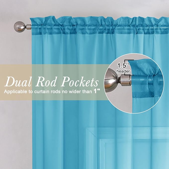 Turquoise Sheer Curtains 108 Inches Long 2 Pcs, Rustic Farmhouse Dual Rod - Image 6