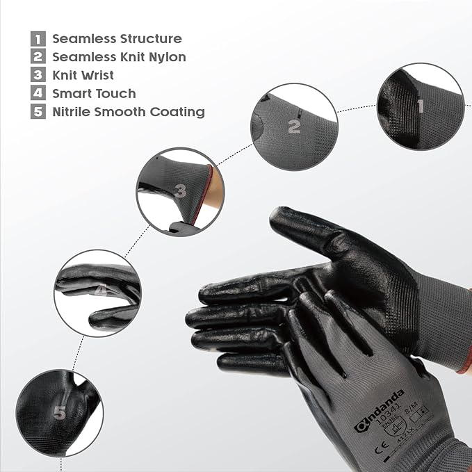 ANDANDA 12 Pairs Work Gloves, Smart Touch, 3D Comfort Stretch Fit, Nitrile Coated Work Gloves with Grip, Seamless Knit Nylon Work Gloves Men Suitable for Warehousing, Logistics, Handling, Black（M）