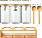 Yangbaga Glass Coffee Sugar Containers with Shelf, 3 x 45 OZ Coffee Bean Storage Station Organizer with Airtight Locking Clamp and Coffee Bamboo Scoop, Large Capacity Food Storage Jar for Kitchen