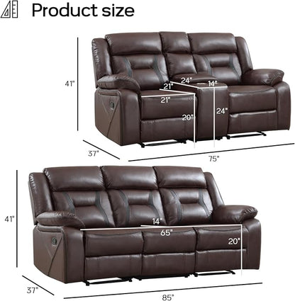 EBELLO Manual Recliner Sofa Set, Faux Leather Reclining Living Room Furniture - Image 2