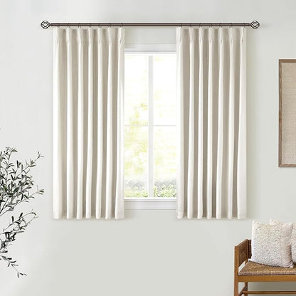 Cream Pleated 100% Blackout Linen Short 45 Inch Curtains 2 Layers Natural | by Twodrapes