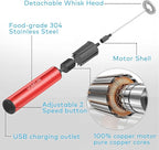 Rechargeable Milk Frother Handheld Electric Frother Wand Milk Foamer Drink Mixer for Coffee, Lattes, Cappuccino, and Egg, Stainless Steel for Travel-Rube Red