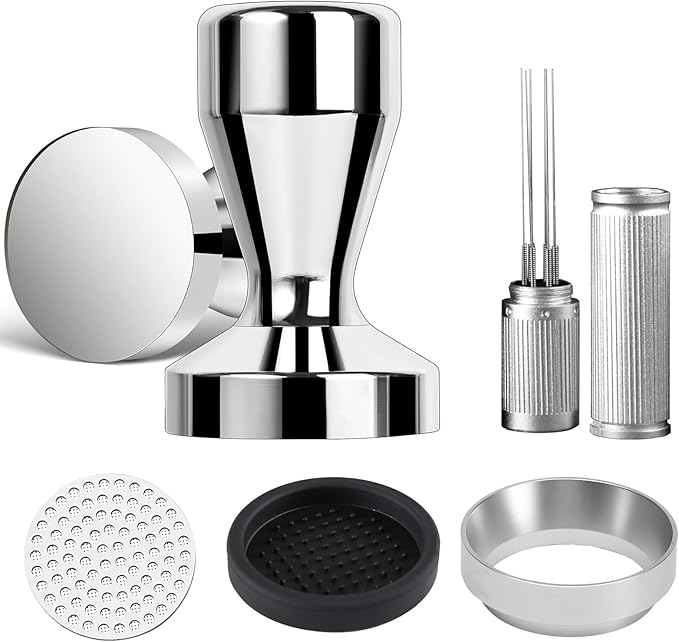 58mm Espresso Accessories Kit,Wdt Tool Espresso,Solid Espresso Tamper,Dosing Funnel and Coffee Puck Screen,Silicone Tamper Mat,0.4mm Stainless Steel 6pin Espresso Stirrer,Barista Tools Espresso Kit