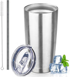 20 oz Tumbler with Lids and Straws, Stainless Steel Insulated Coffee Tumbler, Double Wall Vacuum Insulated Travel Mug Cup, Leakproof Thermal Coffee Cup for Hot and Cold Drinks (Silver)