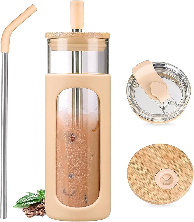 Kodrine 24oz Glass Tumbler with 2 Lids and Straws, Glass Cup With Bamboo Lid and On-the-go Lid, Reusable Iced Coffee Cup, Ideal for Smoothie, Cold Drinks, Fit Cup Holder, BPA Free(1, Amber)