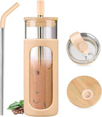 Kodrine 24oz Glass Tumbler with 2 Lids and Straws, Glass Cup With Bamboo Lid and On-the-go Lid, Reusable Iced Coffee Cup, Ideal for Smoothie, Cold Drinks, Fit Cup Holder, BPA Free(1, Amber)