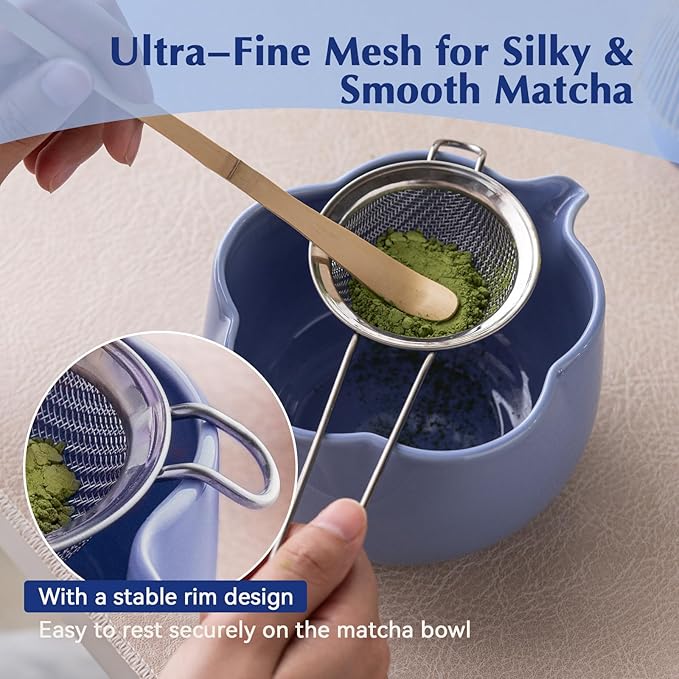 Matcha Set, 8Pcs Floral Ceramic Matcha Set with Matcha Whisk, Holder, Scoop, Scoop Rest, Sifter, Spoon and Tea Towel - Thoughtful Matcha Whisk Set Gift for Matcha Lovers (Blue)