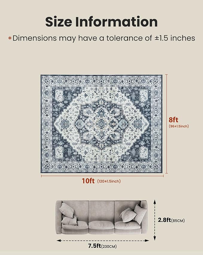 AMADA HOMEFURNISHING 8x10 Area Rug, Washable Low-Profile Large Area Rug - Image 2