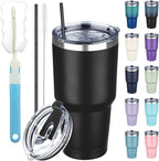 30 oz Tumbler with Lids and Straws, Stainless Steel Insulated Coffee Tumbler, Double Wall Vacuum Insulated Travel Mug Cup, Leakproof Thermal Coffee Cup for Hot and Cold Drinks (Black)