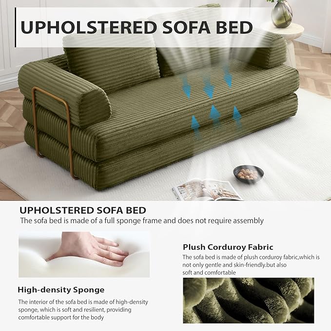 HANXIN 80 Inch Convertible Sleeper Sofa Bed, High Back Plush Corduroy Folding - Image 5