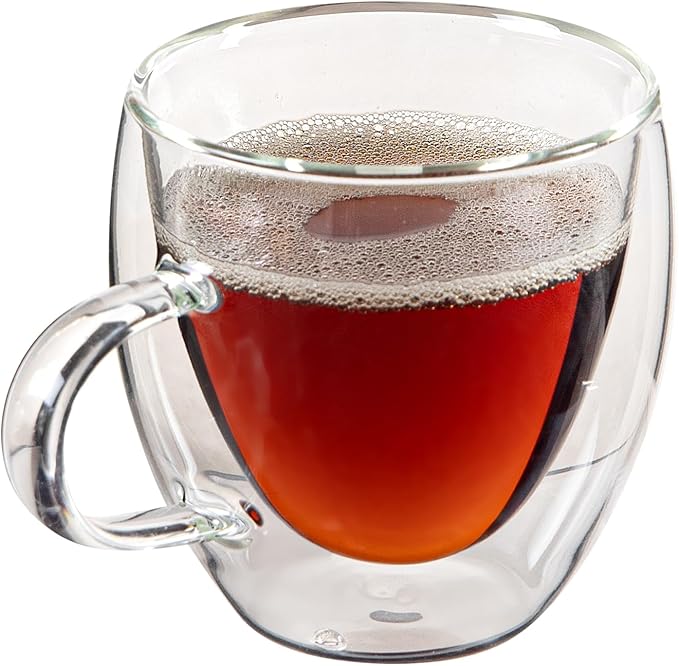 Restaurantware-Forma Professional 5.1 Ounce Glass Coffee Cups, 2 Insulated Coffee Cups With Handle - Dishwashable, Reusable, Clear Double Wall Beverage Tumblers, Freezable, For Hot Or Cold Beverages