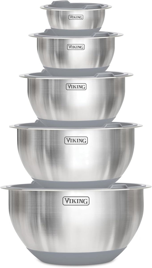 Viking Mixing Bowls Set, 10 Piece Stainless Steel Kitchen Cookware, Non-Slip Silicone Base, Includes Tight Fit Lids, Dishwasher Safe, Grey