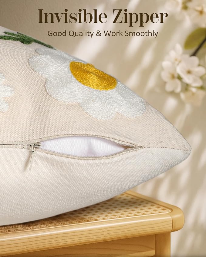 Embroidered Throw Pillow Cover 20x20 Inch, Flower Bee | Decorative Pillow Cover - Image 3