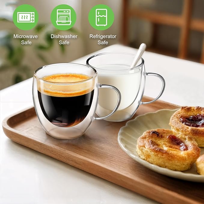 Glass Coffee Cups Set of 2, 8.5oz Double Walled Glass Mugs with Handles, Clear Insulated Coffee Mug Espresso Cups, Cappuccino Latte Tea Cups Set, Heat Resistant Borosilicate Clear Glasses