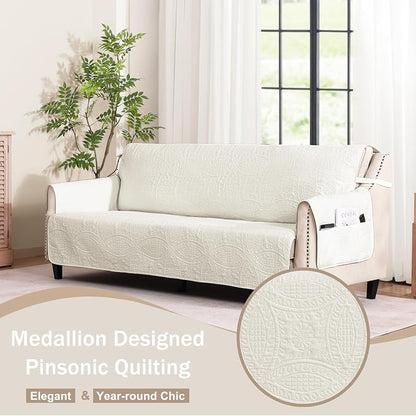 Quilted Sofa Slipcovers with Pockets, Anti-Slip Medallion Designed Couch Covers - Image 2