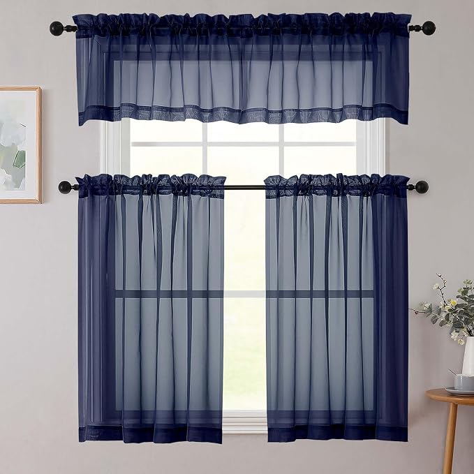 Navy Blue Kitchen Curtains 30 Inch Length Tier 2 PCS, Solid Soft Airy Half - Image 8