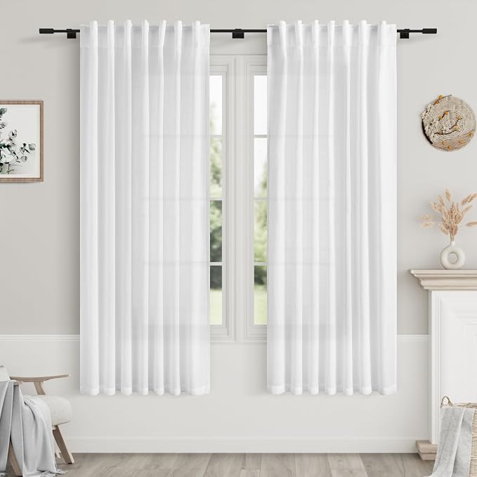 White Linen Curtains for Bedroom Back Tab Light Filtering Privacy Sheer by Nanspring
