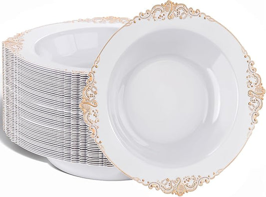 Nervure 50PCS White Plastic Bowls with Rose Gold Rim - 12oz White Disposable Soup Bowls, Heavy Duty Salad Ice Cream Bowl Perfect For Weddings, Parties and Everyday Use