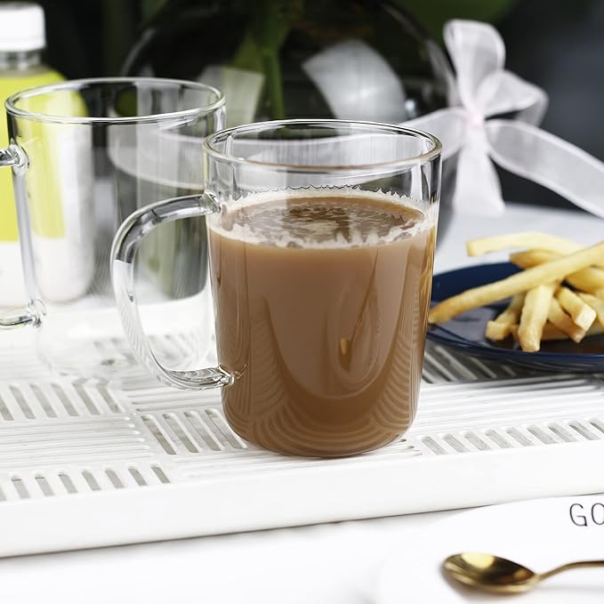 LUXU Glass Coffee Mugs(Set of 2)-17 oz,Clear Beer Mugs,Glass Tea Cups with Comfortable Handle,Lead-free Drinking Glasses,Perfect for Latte,Espresso,Juice,Water,Milk or Hot and Cold Beverage