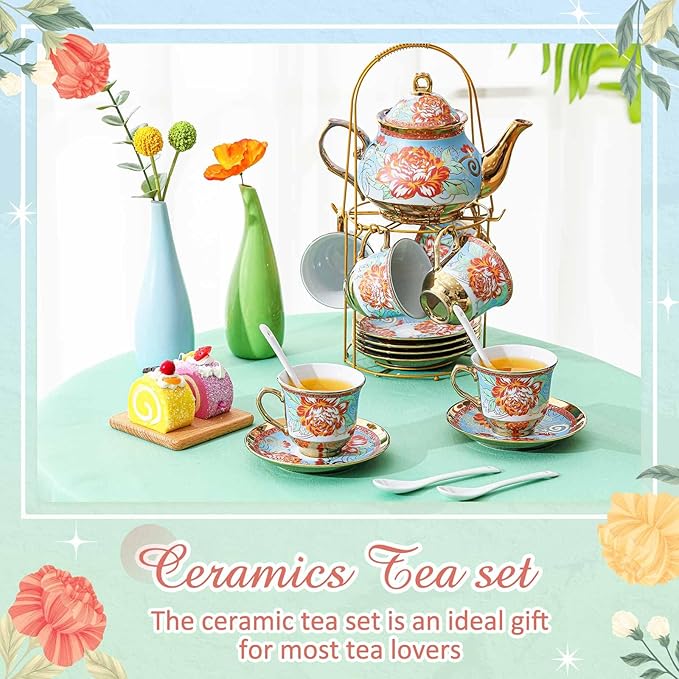 Zhehao 20 Pcs Porcelain Tea Set with Metal Holder and Spoon Adult Ceramic Tea Party Set European Flower Painting Teapot Cup Saucer Spoon Set for Women, Large Version(Retro Style)