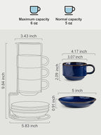 Gomakren 6 Ounce Cappuccino Cups with Saucers and Metal Stand, Stackable Coffee Cup Set of 4, Porcelain Espresso Cups for Coffee Drinks, Cappuccino, Latte, Americano, Tea, Cobalt Blue