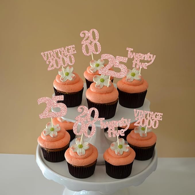 Gyufise 24Pcs 25th Birthday Cupcake Toppers Glitter Twenty-five Vintage 2000 Hello 25 Years Birthday Cupcake Picks Cheers to 25 Cake Decor for Happy 25th Anniversary Party Supplies Rose Gold