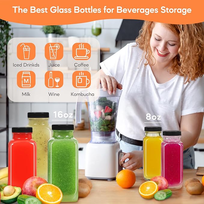 STARSIDE 12 oz Glass Juice Bottles with Lids 6 Pack - Square Reusable Drinking Jars for Juicing, Milk, Kombucha - Includes 1 Bottle Brush, 6 Colored Labels