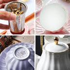 Porcelain Tea Sets British Royal Series, 8 OZ Cups& Saucer Service for 6, with Teapot Sugar Bowl Cream Pitcher Teaspoons and tea strainer for Tea/Coffee, Pukka Home (Pure White)