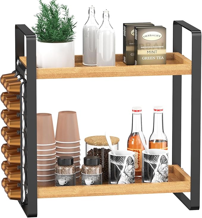 LEMIKKLE Coffee Station Organizer,Compatible with Nespresso Classic Pods 24pcs, Coffee Bar Accessories and Cup Storage Organizer, Wood Counter Shelves for Kitchen, Office, Countertop