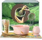 Matcha Whisk Set, 7PCS Matcha Set Includes Ceramic Matcha Set Includes Matcha Bowl, Matcha Whisk and Holder, Bamboo Scoop, Scoop Rest, Sifter and Tea Towel, Gift Bag (Pink)
