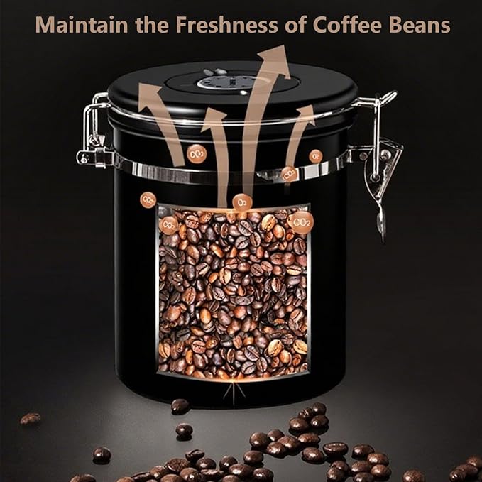 Coffee Canister with Window, 22OZ Airtight 304 Stainless Steel Food Storage Container, Home Kitchen Sugar Organizers Jar with Scoop for Beans, Rice,Tea, Flour, Cereal, Black