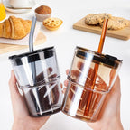 Iced Coffee Cup, 15Oz/450ml Glass Cups With Lids And Straws, Iced Coffee Glasses Tumbler, Thick Wall Glass Mug For Tea Water With 2 Straw And Leather Sleeve, Xmas Gifts (Amber 2PCS)