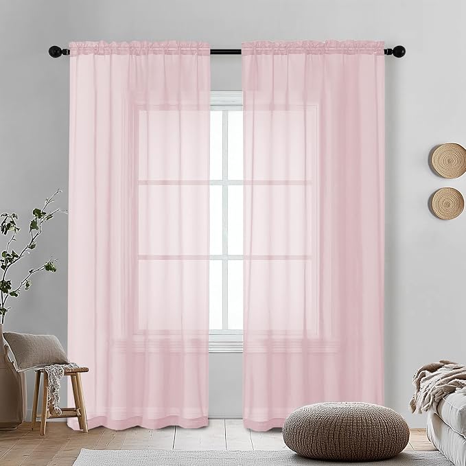 Blush Pink Sheer Curtains 72 Inches Long 2 Panels by OVZME