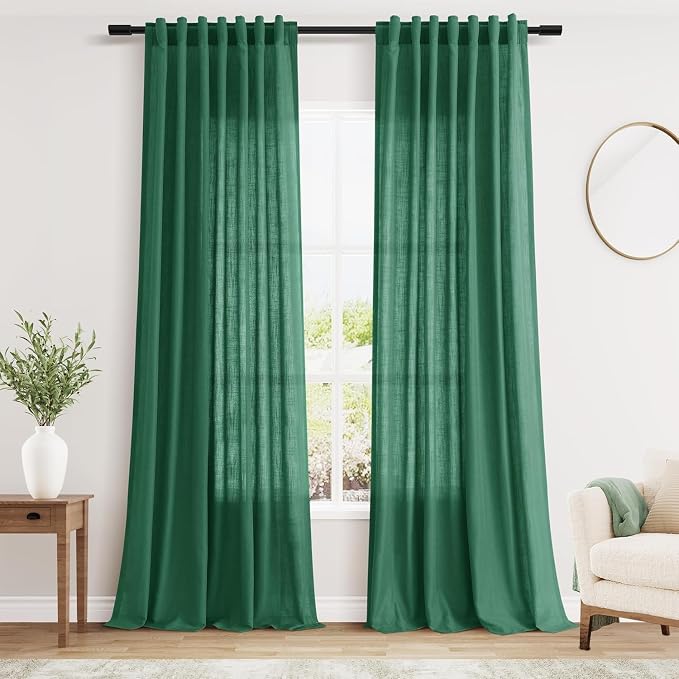 Dark Green Linen Curtains 108 Inches Long by Nanspring